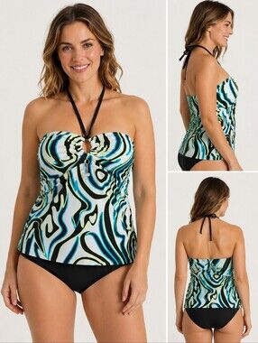 La Vie en Rose Aqua Abstract Print Halter Tankini Top with Jewel Detail,size L